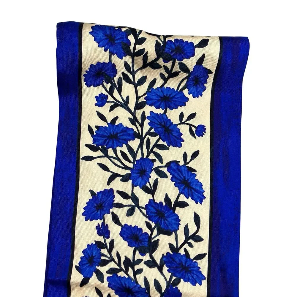 J Crew Scarf Womens Blue Cream Floral 100% Silk Skinny Twilly Printed BS227
